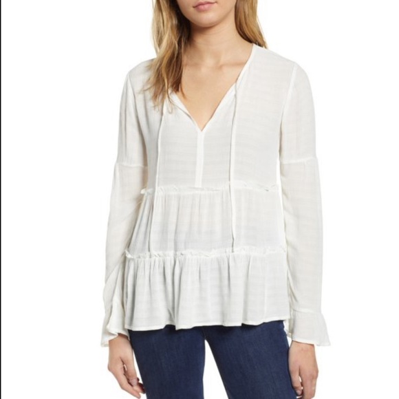 Lucky Brand White Split Neck Tiered Peasant Top - Picture 1 of 6